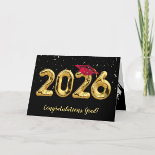 Abschluss 2026 mit roter Mütze und Konfetti Karte