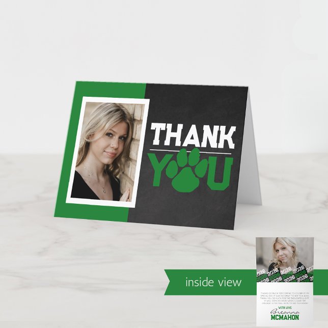 Abschluss 2 Foto Falten mit weißer und grüner Farb Dankeskarte (Green, White and Black Folding Pawprint Graduation 2 Photo Thank You Cards)