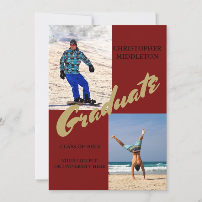 Abschluss 2 Foto Male Modern Maroon Celebration Einladung (Vorderseite)