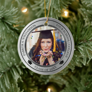 Abschluss 2 Foto Silver Tone Grad Cap Jahr Keramik Ornament