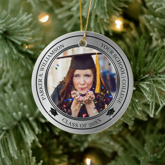 Abschluss 2 Foto Silver Tone Grad Cap Jahr Keramik Ornament (Baum)