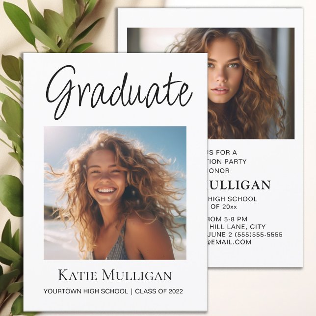 Abschluss 2 Foto White Graduation Party (Graduation party invitation with 2 photos, printed on both sides.)