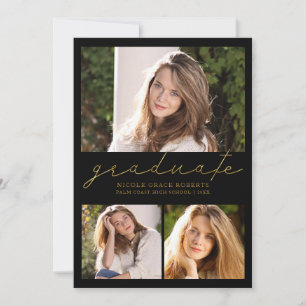 Abschluss 3-Foto Collage Preppy-Gold-Script Ankündigung