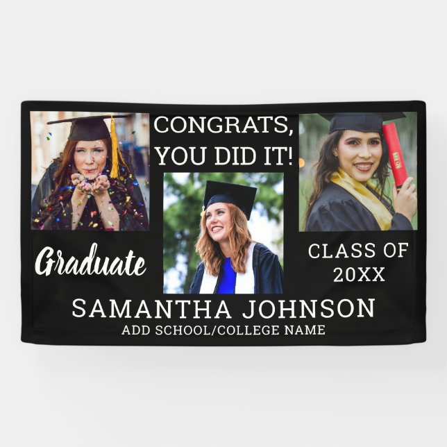 Abschluss 3 Foto Glückwunsch Graduate 2025 Black Banner (Horizontal)