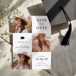 Abschluss 3 Foto Save the Date Karte<br><div class="desc">Eleganter Abschluss speichern Sie die Dattelkarten exquisit entworfen, um drei Ihrer Lieblings-Fotos des Absolventen, schön mit dem Titel "Save the Date" und einem Grad-Kappe eingeschrieben. Personalisieren Sie diese Karten mit ihrem Namen, dem Datum und der Position.</div>