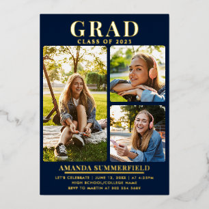 Abschluss 3 Fotos Navy Blue Grad Party Gold Folieneinladung