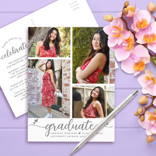 Abschluss 4 Foto Moderne Elegante Script Hearts Einladungspostkarte