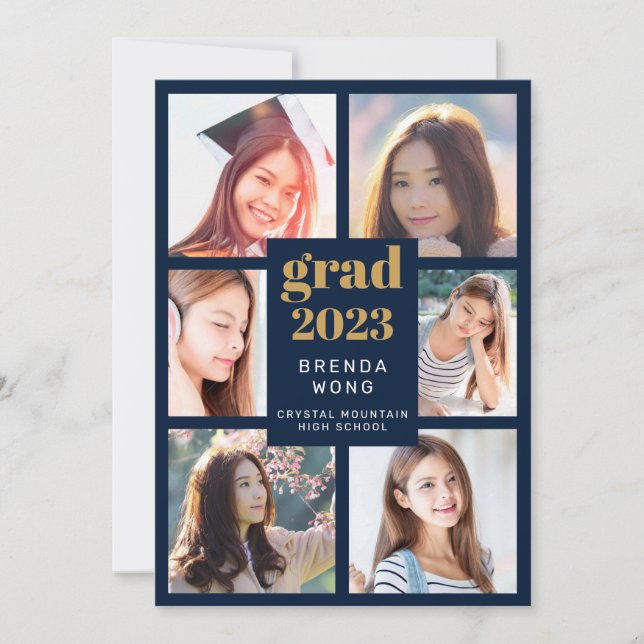 Abschluss 6 Fotocollage Gold Weißes Script blau Ankündigung (Vorderseite)