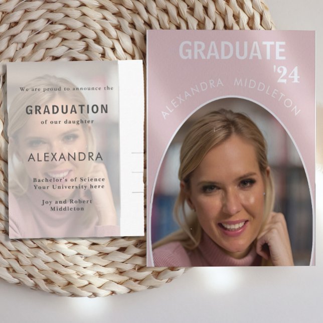 Abschluss Annoucement Pink Modernes Grad Foto Postkarte (Von Creator hochgeladen)