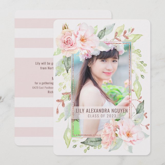 Abschluss | Aquarellblau Blush Rose Bloral Einladung (Vorne/Hinten)