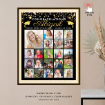 Abschluss Black Gold Script 22 Foto Collage<br><div class="desc">Feiern Sie Ihren Absolventen und erstellen Sie einen hochwertigen Gedenkartikel mit Satin-Foto, der auf der Abschlussfeier oder als Geschenk an den Absolventen, Eltern oder Großeltern ausgestellt wird. Das Design beinhaltet eine Collage-Vorlage mit 22 Aufnahmen durch die Jahre oder Seniorporträts, die mit dem Namen Ihres Absolventen personalisiert sind, in einem handgeschriebenen...</div>