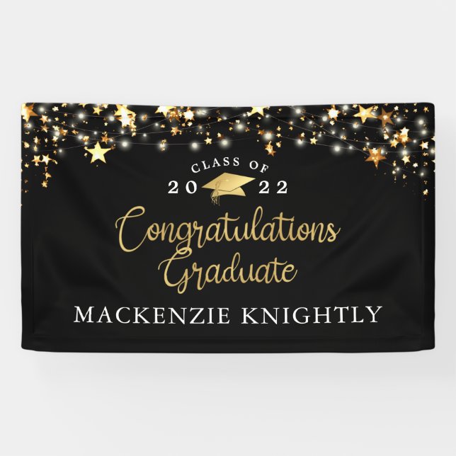 Abschluss Black Gold Stars Lights Confetti Script Banner (Horizontal)