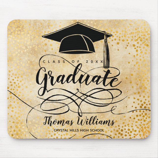 Abschluss Black Grad Cap Script Gold Mousepad (Vorne)