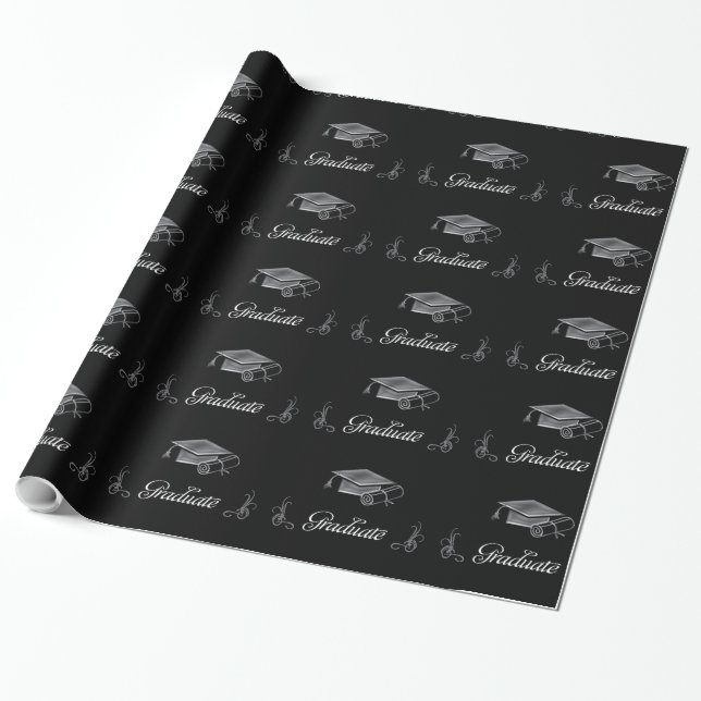 Abschluss Black & Silver 3D Look, Cap & Diploma Geschenkpapier (Ungerollt)