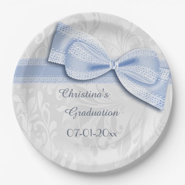 Abschluss Blue Damask und Bow Imitate Pappteller (Vorderseite)