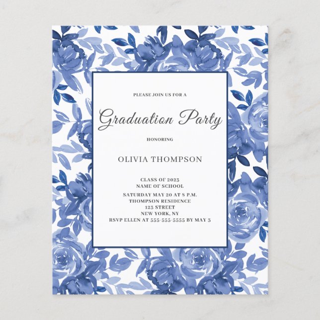 Abschluss Blue Floral Party Einladung Flyer (Vorne)