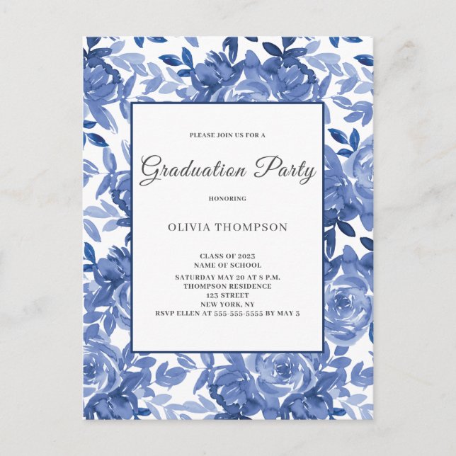 Abschluss Blue Floral Party Einladungspostkarte (Vorderseite)