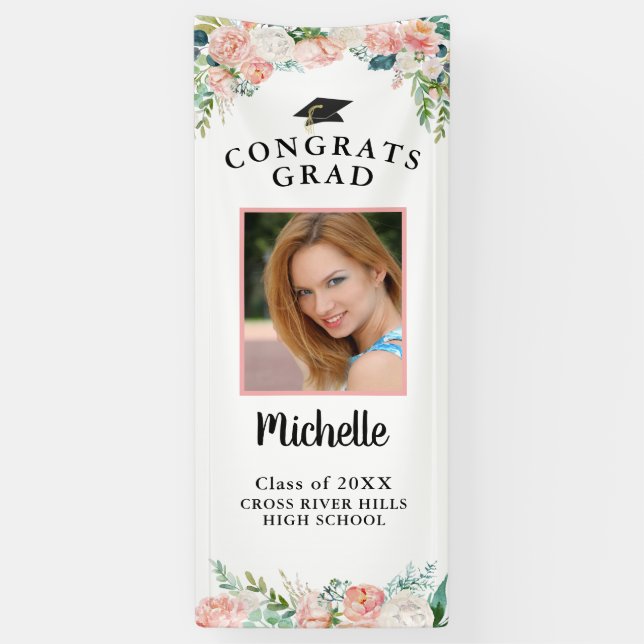 Abschluss Blumenrosa Rose Gold Script Foto Door Banner (Vertikal)