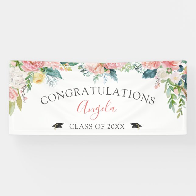 Abschluss Blush Pink Blumenschrift Personalisiert Banner (Horizontal)