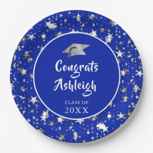 Abschluss Brush Script Silver Stars Royal Blue Pappteller