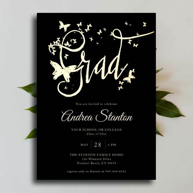 Abschluss Butterflies Grad Kalligraphie Elegant Folieneinladung (graduation party invitation gold foil butterflies handwritten high school college university grad)