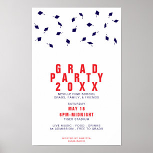 Abschluss-Cap-Toss Rot & Blau Graduiertenparty Poster