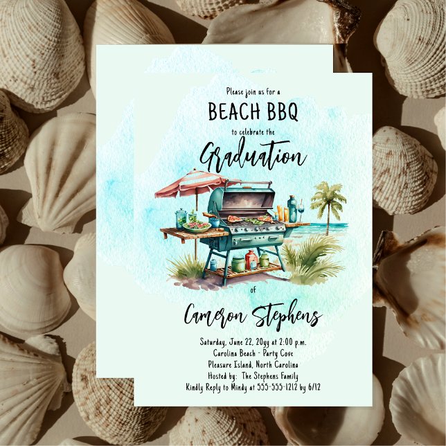 Abschluss Celebration Beach GRILLEN Grill Einladung ("Beach BBQ" Grill Graduation Party Invitation for Print and/or Digital Download)