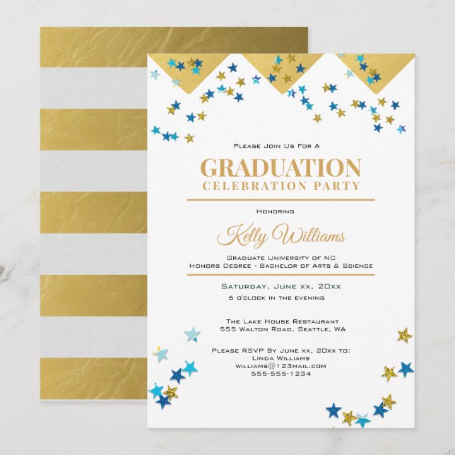 Abschluss Celebration Party, Gold, Name Einladung (Vorne/Hinten)