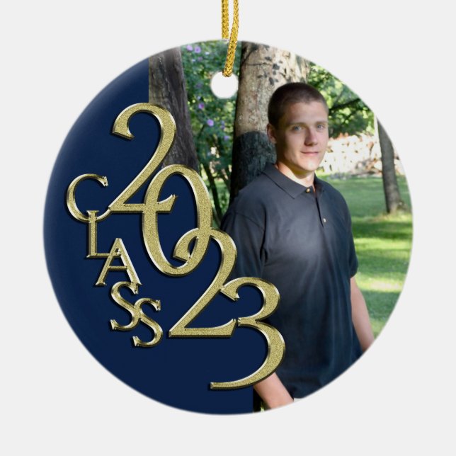 Abschluss Class 2023 Foto Blue mit Gold Keramik Ornament (Vorne)