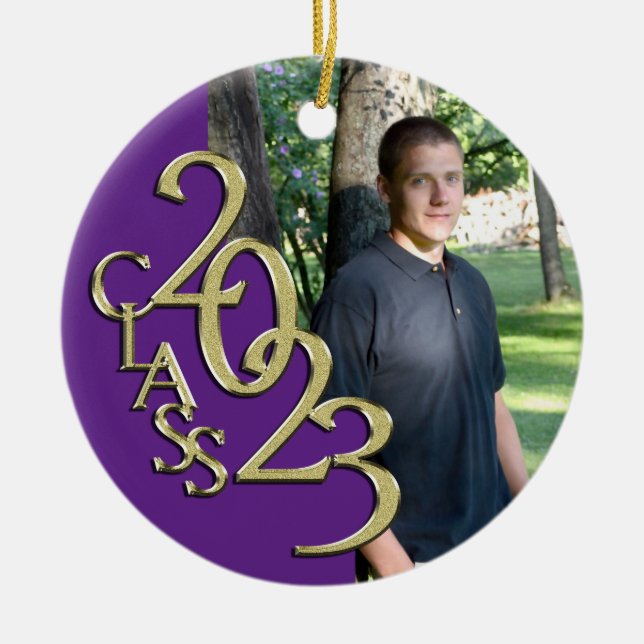 Abschluss Class 2023 Foto Lila mit Gold Keramik Ornament (Vorne)