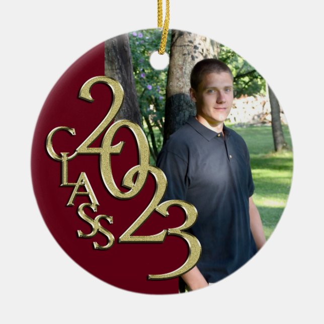 Abschluss Class 2023 Foto Maroon mit Gold Keramik Ornament (Vorne)