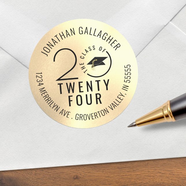 Abschluss Class Year Black Gold Rücksendeadresse Runder Aufkleber (Von Creator hochgeladen)
