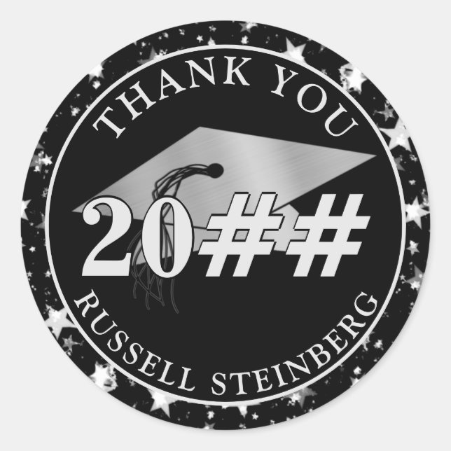 Abschluss Class Year Black Silver Stars DANKE Runder Aufkleber (Vorderseite)