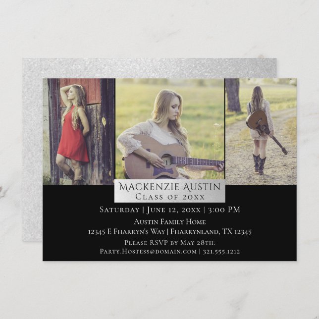 Abschluss Collage | Silver Chic Triple 3 Foto Einladung (Vorne/Hinten)