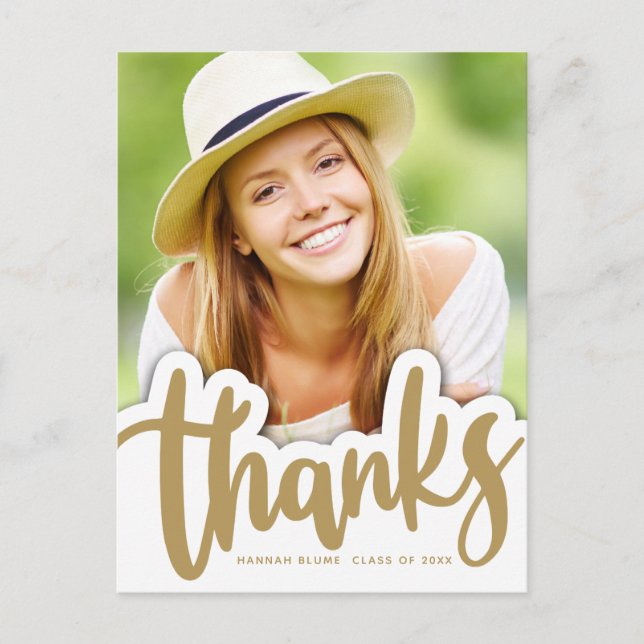 Abschluss Danke | Handgeschriebenes Design über Fo Postkarte (Vorderseite)