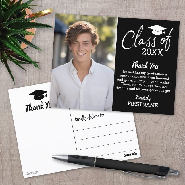 Abschluss Danke mit Foto - Schwarz Postkarte (Graduation Thank You Postcard)