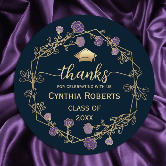 Abschluss Dankeschön an Navy Blue Gold Floral Runder Aufkleber ("Golden gratitude blooms! 🎓✨ Our round frame purple and gold flower thank you stickers #glamour )