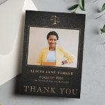 Abschluss der Juristischen Fakultät Foto Dankeskarte<br><div class="desc">Moderne elegante Luxus Schwarz-Leder-Look und Kupfer Gold Law School Abschluss danke Ihnen Kartenvorlage mit Ihrem individuellen Foto und Text.</div>