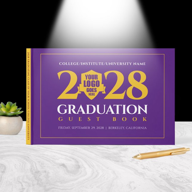 Abschluss der Uni der lila Gold School Gästebuch (Purple & Gold School/College/University Graduation Guest Book Cover Photo (front))