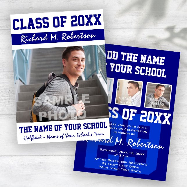 Abschluss des Blue White Sporty Typ Varsity Number Einladung (Von Creator hochgeladen)