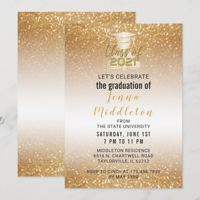 Abschluss Design in einem Glitzer Gold Einladung (Vorne/Hinten)