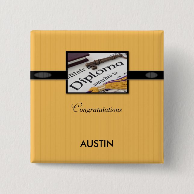 Abschluss Diploma, Schwarz, Gold, Square Gift Button (Vorderseite)