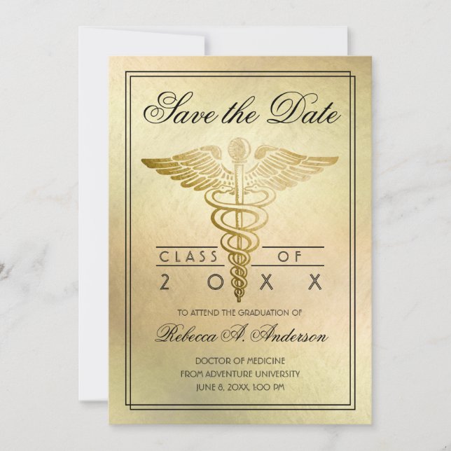 Abschluss Doctor Caduceus Gold Elegant Save The Date (Vorderseite)