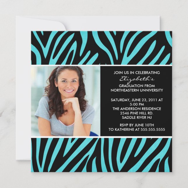Abschluss Einladung mit Foto Turquoise Zebra (Vorderseite)