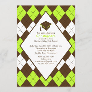 Abschluss Einladung Preppy Brown & Green Raute