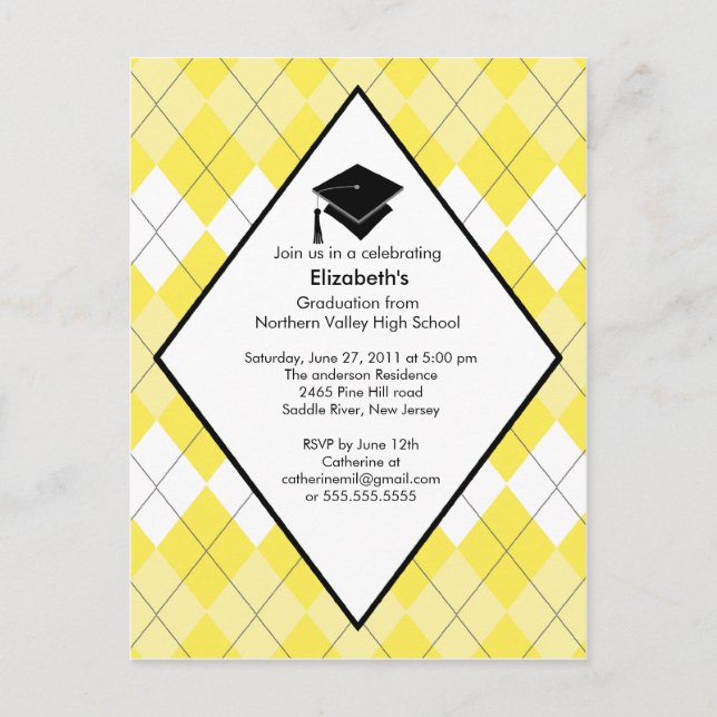Abschluss Einladung Preppy Yellow Raute (Vorderseite)