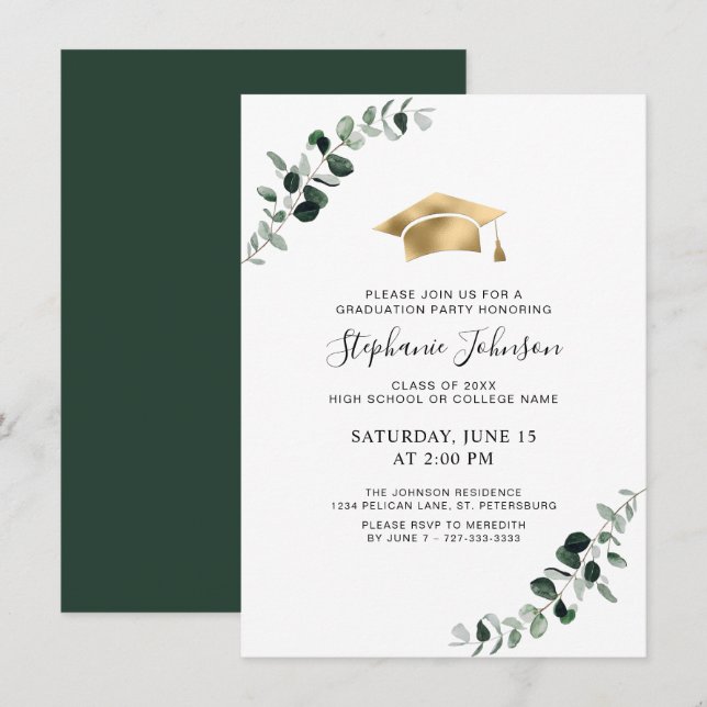 Abschluss Eucalyptus Gold Cap und Tassel Party Einladung (Vorne/Hinten)