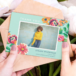 Abschluss Floral Aqua Blue Foto Dankeskarte