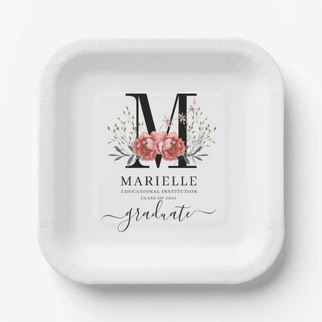 Abschluss Floral Monogram Logo Party Paper Pappteller (Vorderseite)