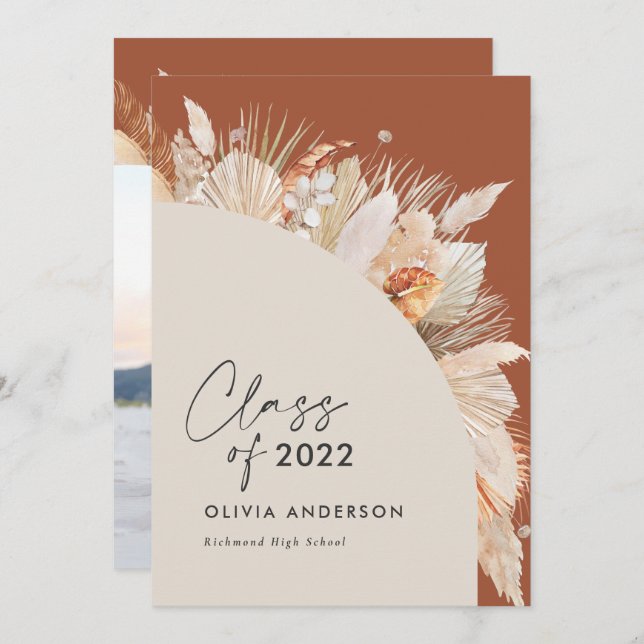 Abschluss Foto Bogen Terracotta Pampas botanisch  Einladung (Vorne/Hinten)